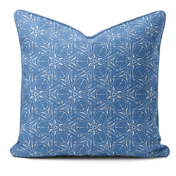 Hand printed cushion with pomegranate pattern by Moji Designs studio in Brighton