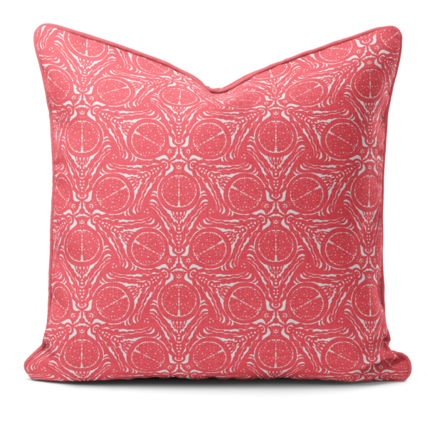 A handprinted cushion with pomegranate design