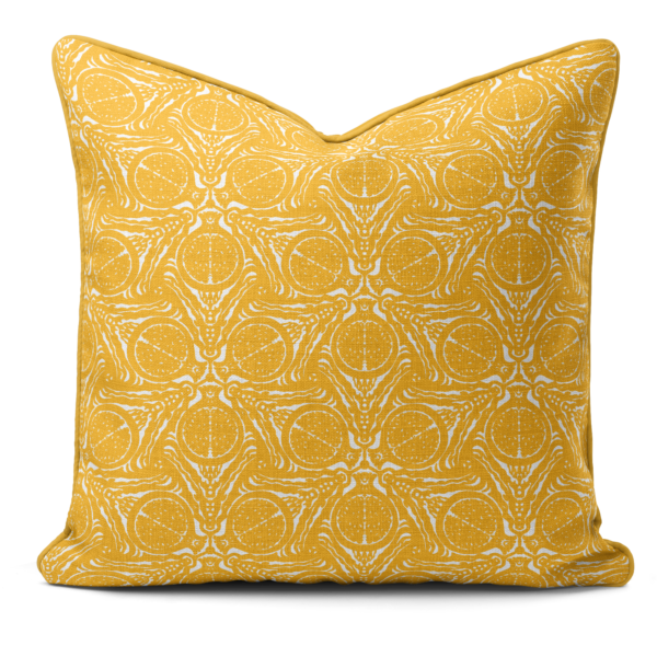 Hand printed cushion with pomegranate pattern by Moji Designs studio in Brighton