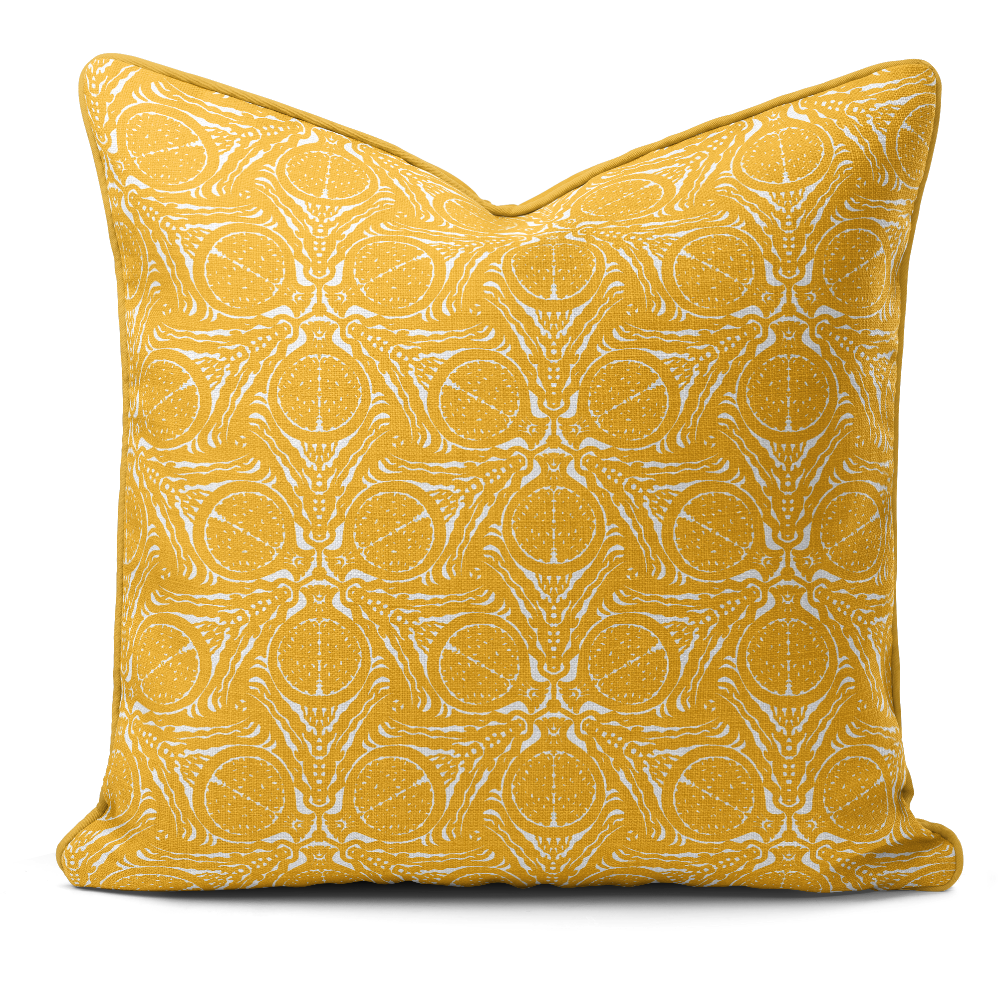 Hand printed cushion with pomegranate pattern by Moji Designs studio in Brighton